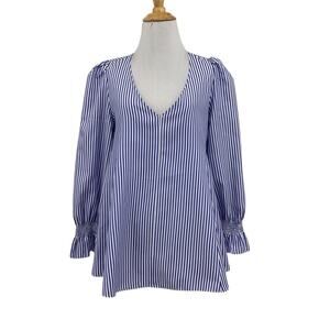 Tuckernuck Blouse Women S Small White Blue Easton Striped VNeck Long Puff Sleeve